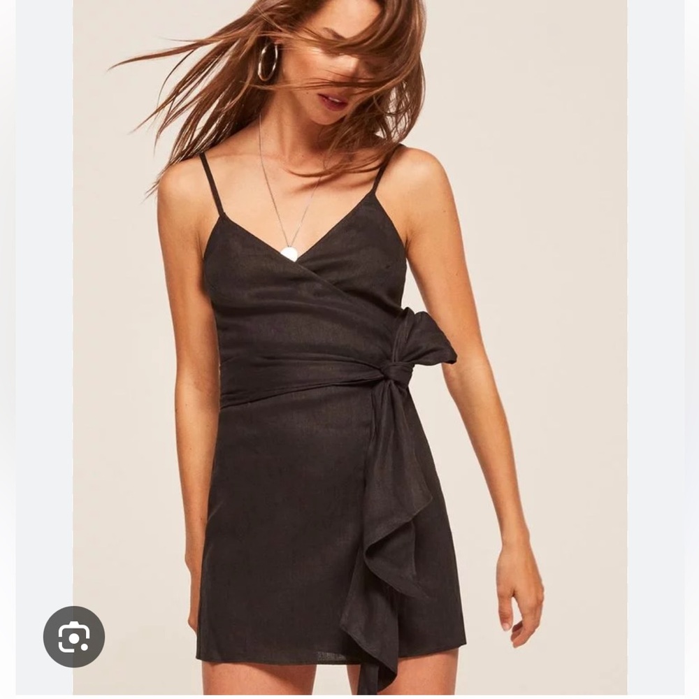 Reformation Black Linen Wrap Tie Mini Dress